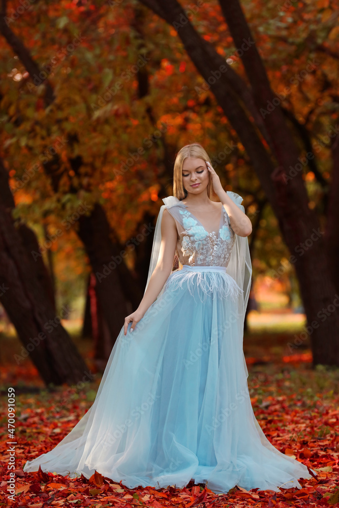 Beautiful girl wearing fairy dress in autumn forest Beautiful girl wearing fairy dress in autumn forest