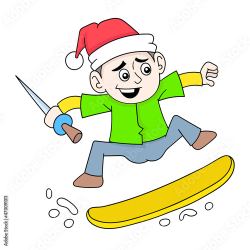 boy is snowboarding celebrating christmas, doodle icon image kawaii
