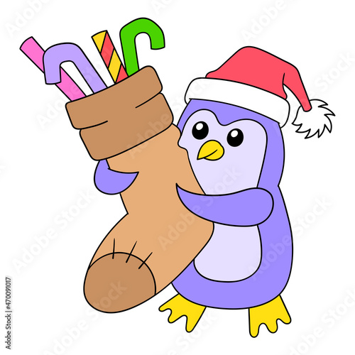 Penguin carrying candy canes for Christmas, doodle icon image kawaii