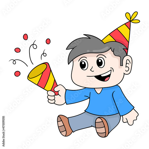 kid boy sitting happily celebrating birthday, doodle icon image kawaii