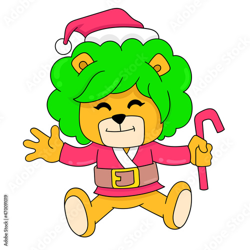 lion in santa dress celebrating christmas, doodle icon image kawaii
