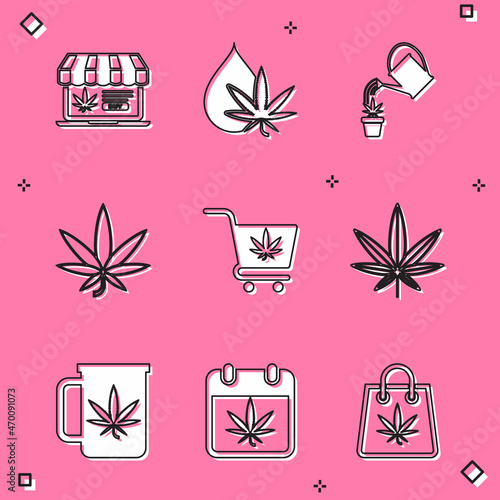 Set Online buying marijuana, Marijuana or cannabis leaf oil, Watering, Shopping cart with, Cup tea and Calendar and icon. Vector