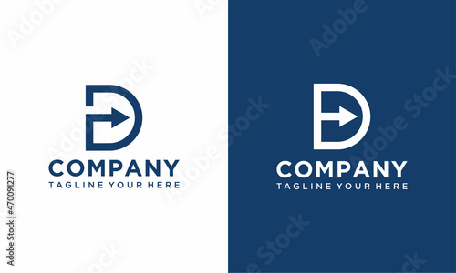 Letter D logo with negative space arrow logo for transportation, shipping company etc.on a blue dark and white background.