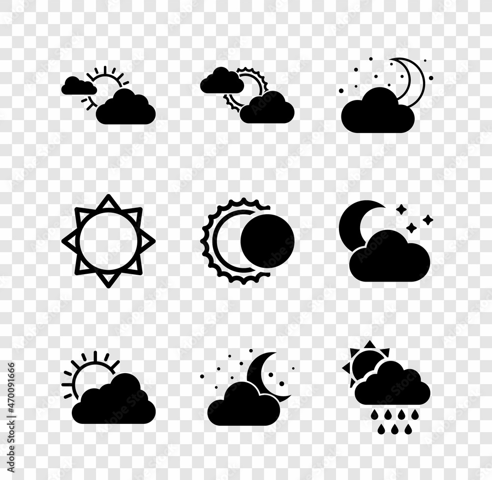 Set Sun and cloud weather, Cloud with moon stars, rain sun, and Eclipse of icon. Vector Set Sun and cloud weather, Cloud with moon stars, rain sun, and Eclipse of icon. Vector