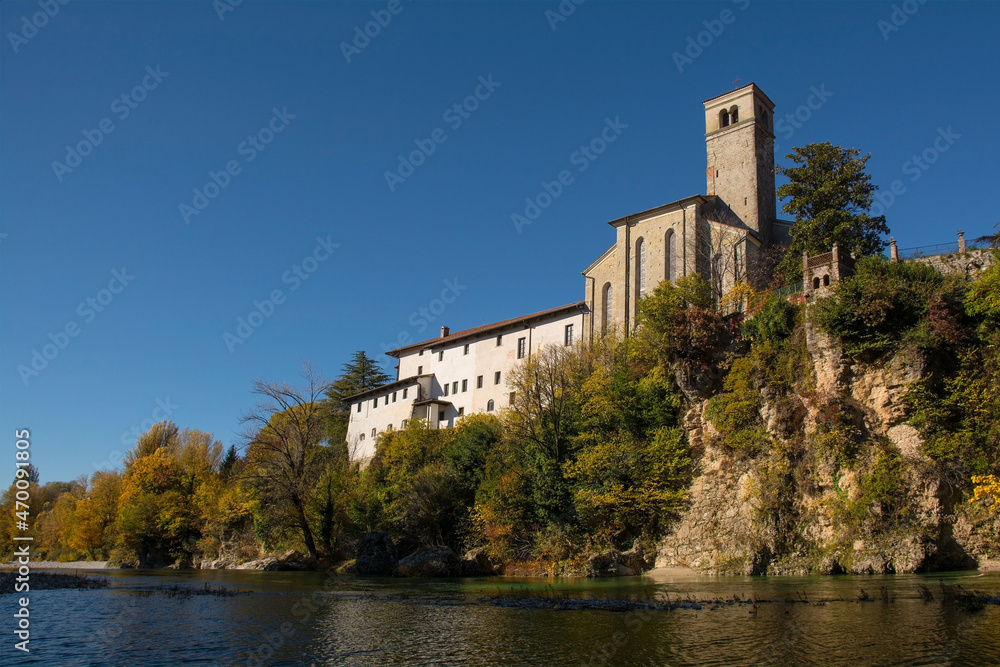 The 13th century Saint Francis Church - Chiesa di San Francesco - seen from the Natisone river in the north east Italian town of Cividale del Friuli, Udine Province, Friuli-Venezia Giulia
