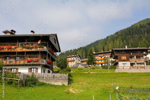 Traditional wooden buildings in the Alpine village of Sauris di Sopra, Udine Province, Friuli-Venezia Giulia, north east Italy 