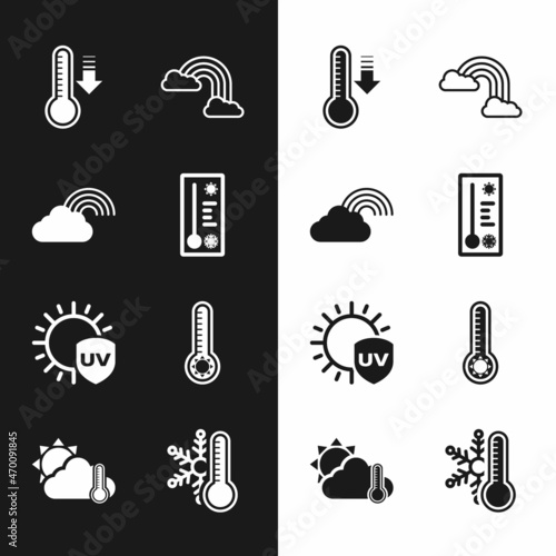 Set Meteorology thermometer, Rainbow with cloud, clouds, UV protection, Thermometer snowflake and and sun icon. Vector