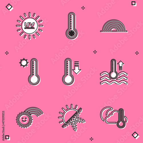 Set UV protection, Meteorology thermometer, Rainbow, Water, with sun and Sun and snowflake icon. Vector