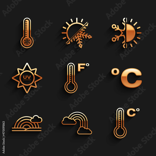 Set Meteorology thermometer, Rainbow with clouds, Celsius, UV protection, Sun and snowflake and icon. Vector