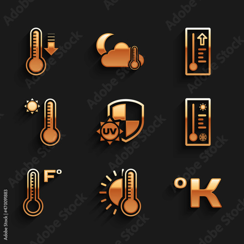 Set UV protection, Thermometer with sun, Kelvin, Meteorology thermometer, and icon. Vector