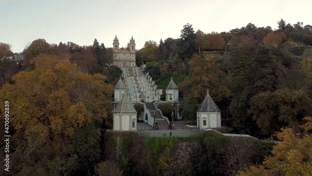 Aerial view of braga monastery cathedral Bon Jesus straisway of purification Christian path of faith, hills view over the city in north Portugal