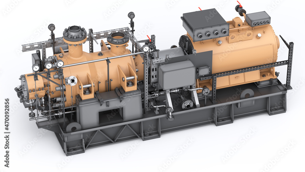 Fototapeta premium Large industrial water pump. Heavy machinery. High pressure. Electric motor and centrifugal pump. 3d render