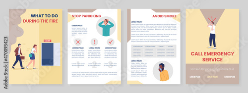 What to do during fire flat vector brochure template. Flyer, booklet, printable leaflet design with flat illustrations. Magazine page, cartoon reports, infographic posters with text space