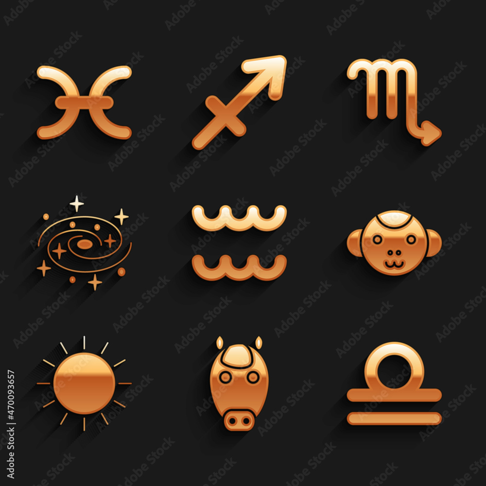 Fototapeta premium Set Aquarius zodiac, Horse, Libra, Monkey, Sun, Milky way spiral galaxy, Scorpio and Pisces icon. Vector