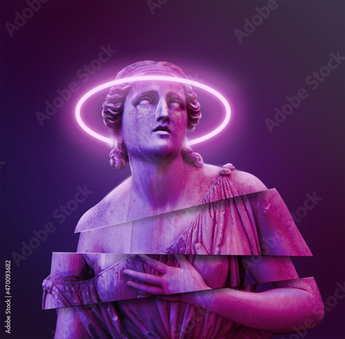 Classic statue background concept. Vaporwave style background. Classic sculpture with color distortion and colored lights. 3d render