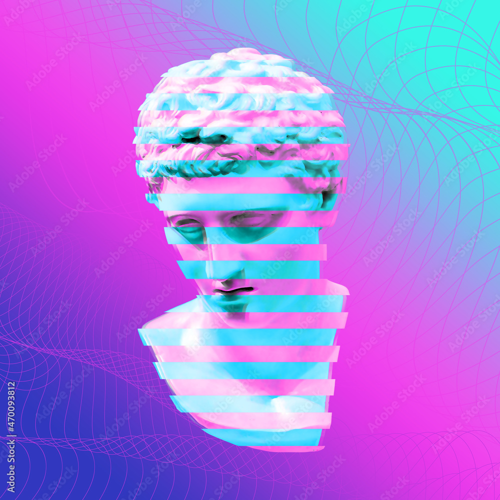 Modern conceptual art poster with blue pink colorful ancient statue. Contemporary  art collage. Concept of retro wave style posters. glitch effects. Stock  Illustration | Adobe Stock
