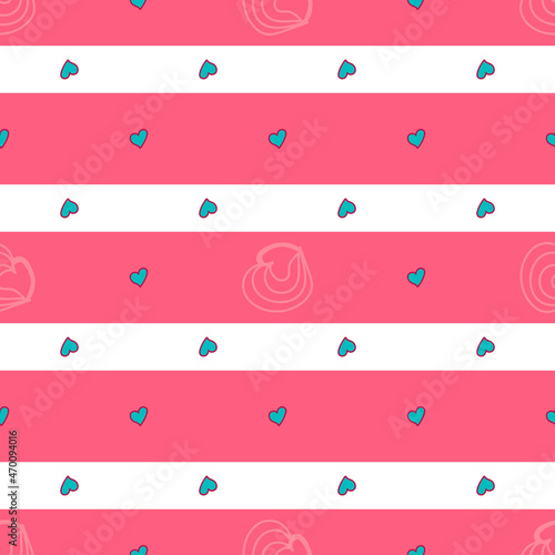 Pink confetti hearts on a striped background. Seamless pattern. Hand painted brush strokes.