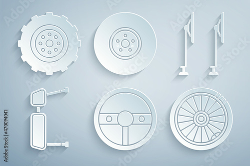 Set Steering wheel, Windscreen wiper, Truck side mirror, Car, brake disk and icon. Vector