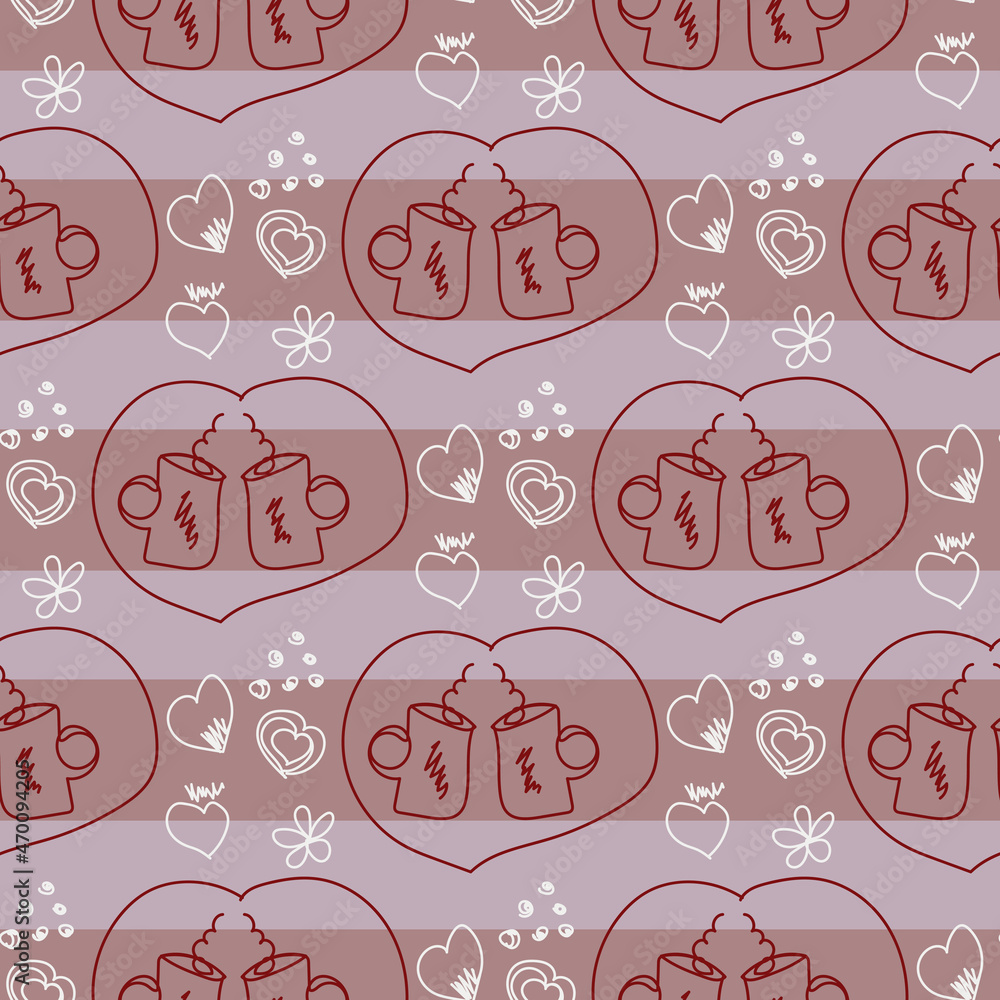 Hand drawn pink Valentine's Day romantic seamless pattern with cute cups, mugs, hearts, coffee, cocoa and more. Vector illustration background in pink and white colors Hand drawn pink Valentine's Day romantic seamless pattern with cute cups, mugs, hearts, coffee, cocoa and more. Vector illustration background in pink and white colors
