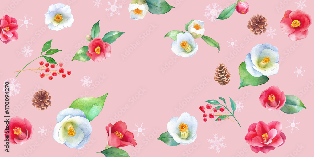 冬の植物の装飾フレーム。紅白の椿、松ぼっくり、南天、雪の結晶の水彩イラスト。