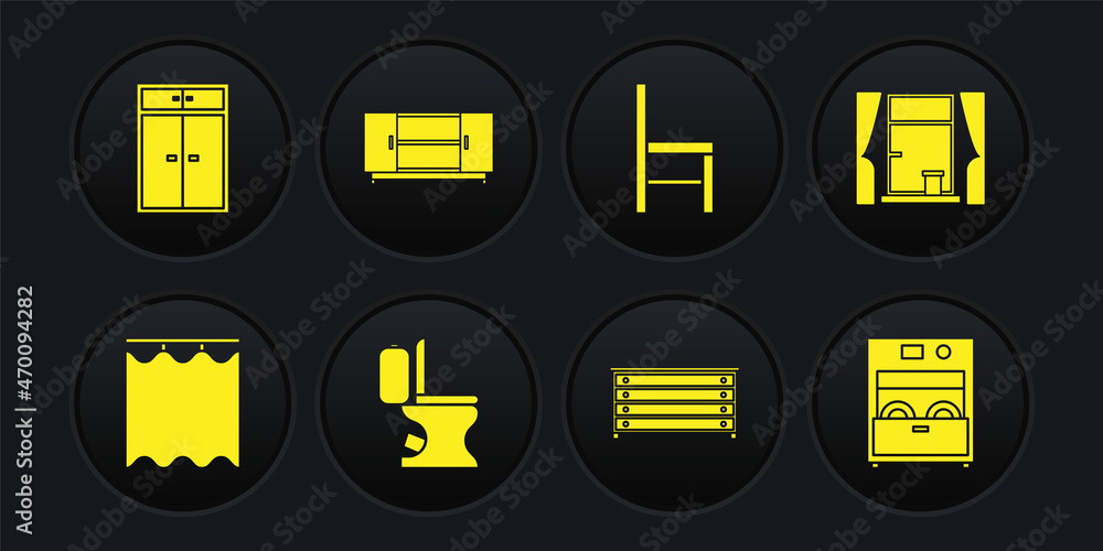 Set Curtains, Window with curtains, Toilet bowl, Chest of drawers, Chair, TV table stand, Kitchen dishwasher machine and Wardrobe icon. Vector Set Curtains, Window with curtains, Toilet bowl, Chest of drawers, Chair, TV table stand, Kitchen dishwasher machine and Wardrobe icon. Vector