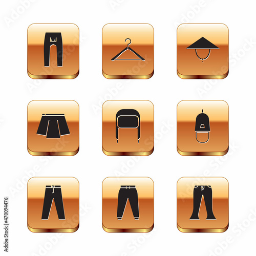 Set Pants, Sport pants, Winter hat with ear flaps, Skirt, Asian conical, and Hanger wardrobe icon. Vector