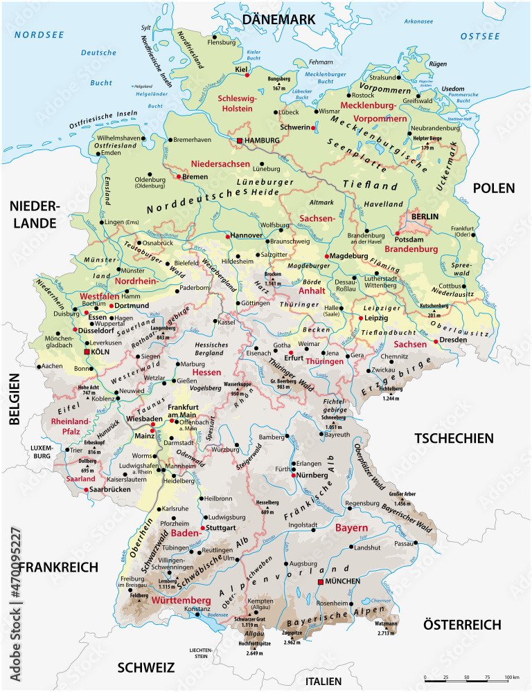 Very detailed physical and administrative map of Germany with German labeling 