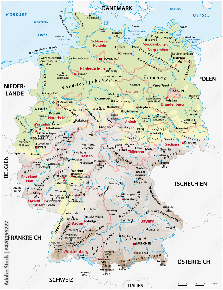 Very detailed physical and administrative map of Germany with German labeling
