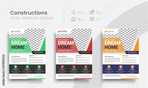 Creative Real Estate Dream Home Construction Business Flyer Print Template Idea. Modern Construction Company Corporate Flyer Minimal Layout Design Inspiration.