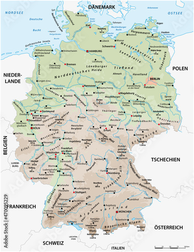 Highly detailed physical map of Germany with German lettering
