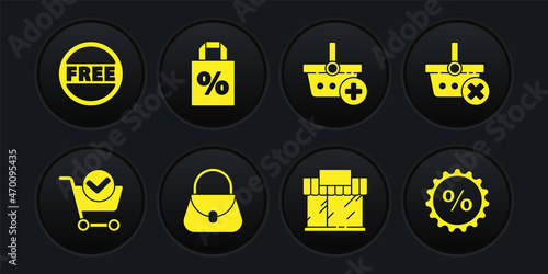 Set Shopping cart with check mark, Remove shopping basket, Handbag, building or market store, Add, Shoping percent discount, Discount tag and Price Free icon. Vector