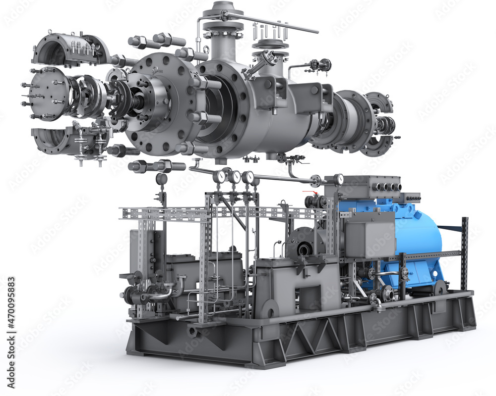 Disassembled large industrial water pump. Heavy machinery. Assembly of parts. High pressure. Electric motor and centrifugal pump. 3d render Disassembled large industrial water pump. Heavy machinery. Assembly of parts. High pressure. Electric motor and centrifugal pump. 3d render
