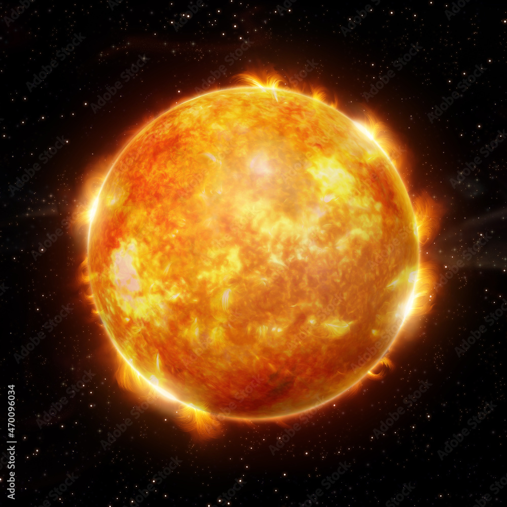 Realistic model of the sun. Solar map with plasma flares. Star with galaxy. 3D Rendering