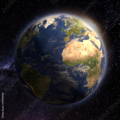 Planet earth on starry background. The world with the milky way. Realistic model in 3D rendering
