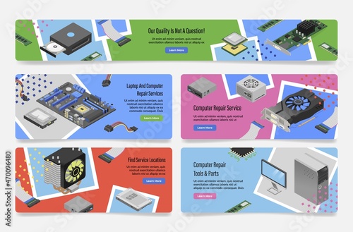 Computer repair service landing page set vector flat illustration data restoration center
