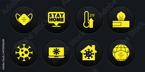 Set Virus, Wet wipe pack, statistics on laptop, Stay home, High human body temperature, Earth with medical mask and Medical protective icon. Vector