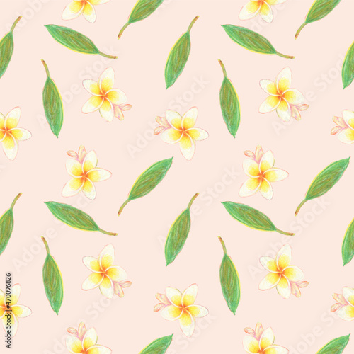 Seamless pattern of plumeria flowers on misty rose background. For fabric, sketchbook, wallpaper, wrapping paper.