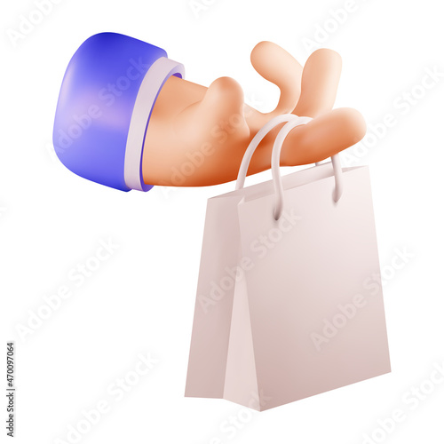 Delivery icon concept with 3d rendered cartoon hand holding delivery or shopping bag isolated on white background. Vector illustration