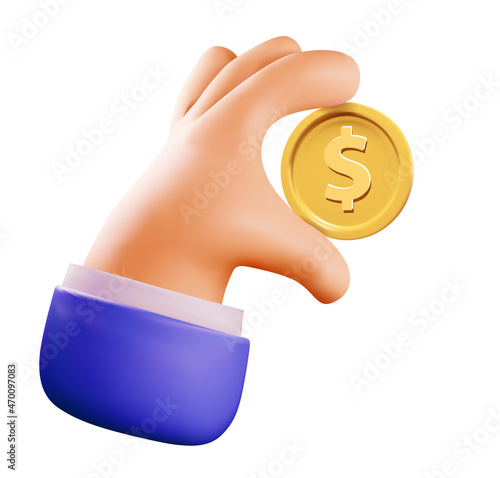 Money or business or salary concept illustration with cartoon 3d rendered hand holding golden coin with dollar sign isolated on white background. Vector illustration