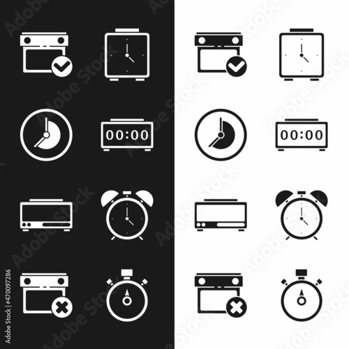 Set Digital alarm clock, Clock, Calendar with check mark, Alarm, Stopwatch and date delete icon. Vector