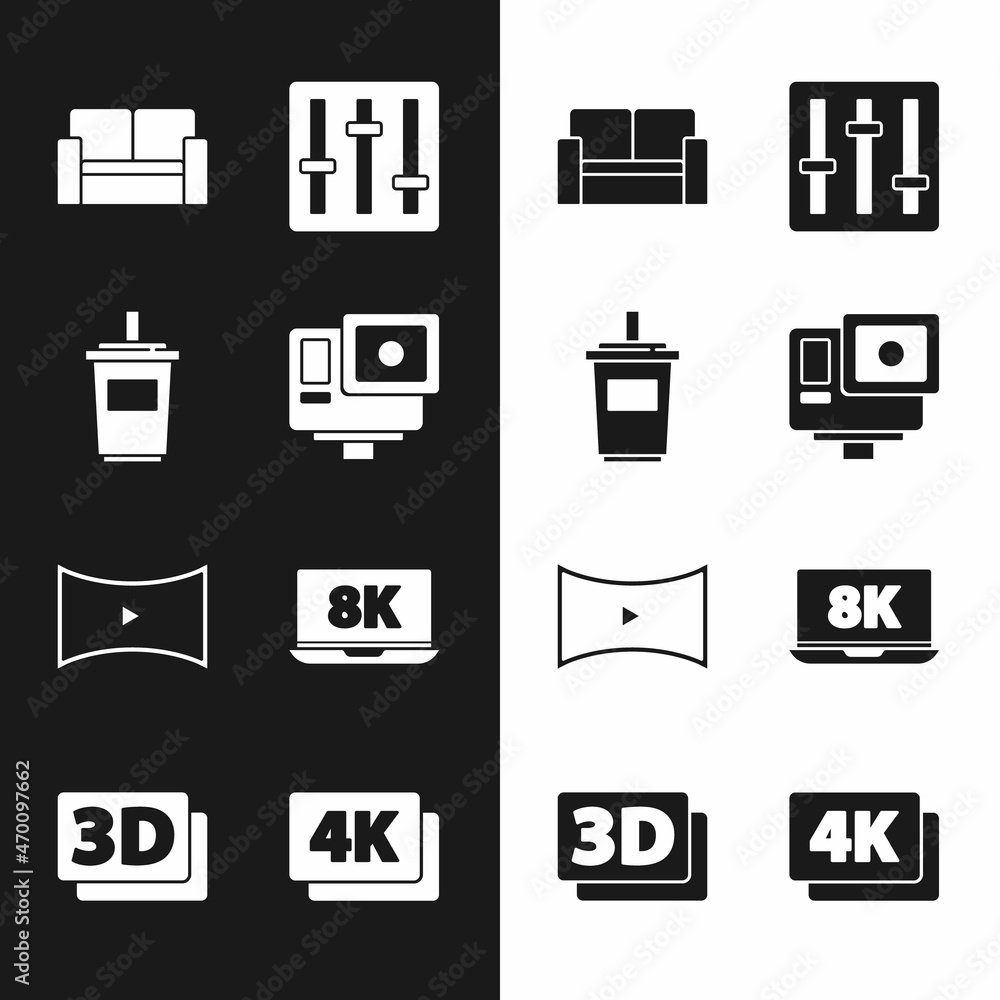 Set Action extreme camera, Paper glass with water, Cinema chair, Sound mixer controller, Online play video, Laptop 8k, 4k Ultra HD and 3D word icon. Vector Set Action extreme camera, Paper glass with water, Cinema chair, Sound mixer controller, Online play video, Laptop 8k, 4k Ultra HD and 3D word icon. Vector