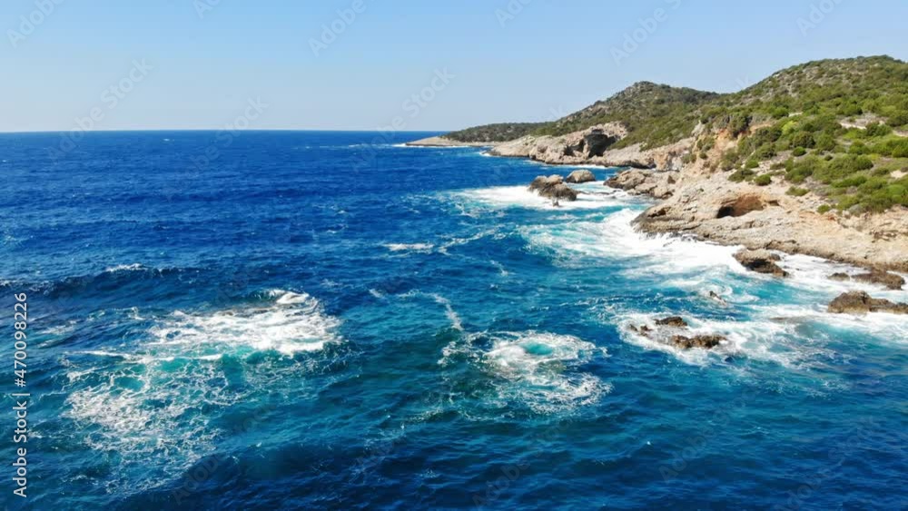 Scenic Seascape Of Jerusalem Beach In Erisos, Greece During Summer - aerial drone shot Scenic Seascape Of Jerusalem Beach In Erisos, Greece During Summer - aerial drone shot