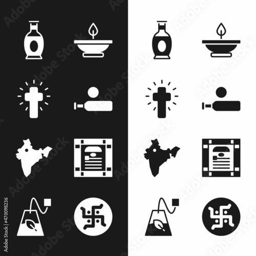 Set Wood cricket bat and ball, Christian cross, Indian vase, Aroma lamp, map, constitution day, Hindu swastika and Tea bag icon. Vector