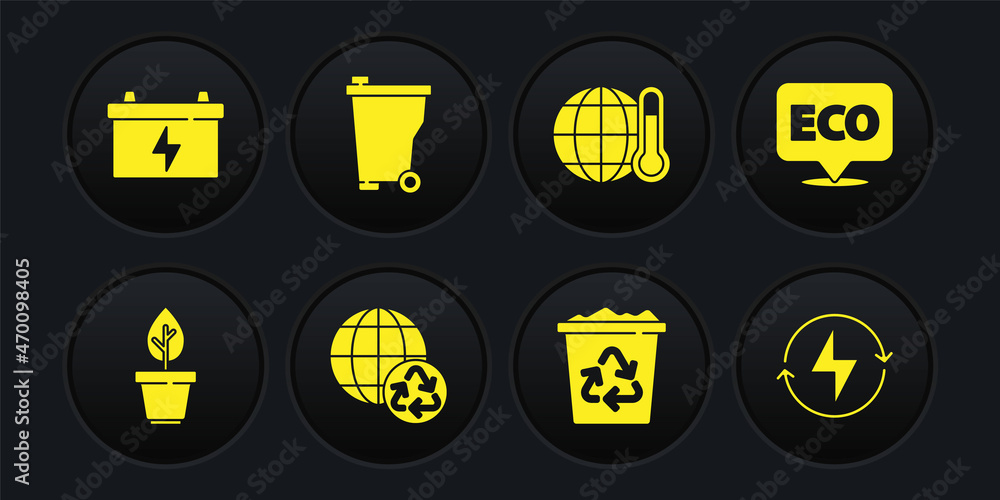 Set Plant in pot, Label for eco healthy food, Planet earth and recycling, Recycle bin with recycle, Global warming, Trash can, Lightning bolt and Car battery icon. Vector Set Plant in pot, Label for eco healthy food, Planet earth and recycling, Recycle bin with recycle, Global warming, Trash can, Lightning bolt and Car battery icon. Vector