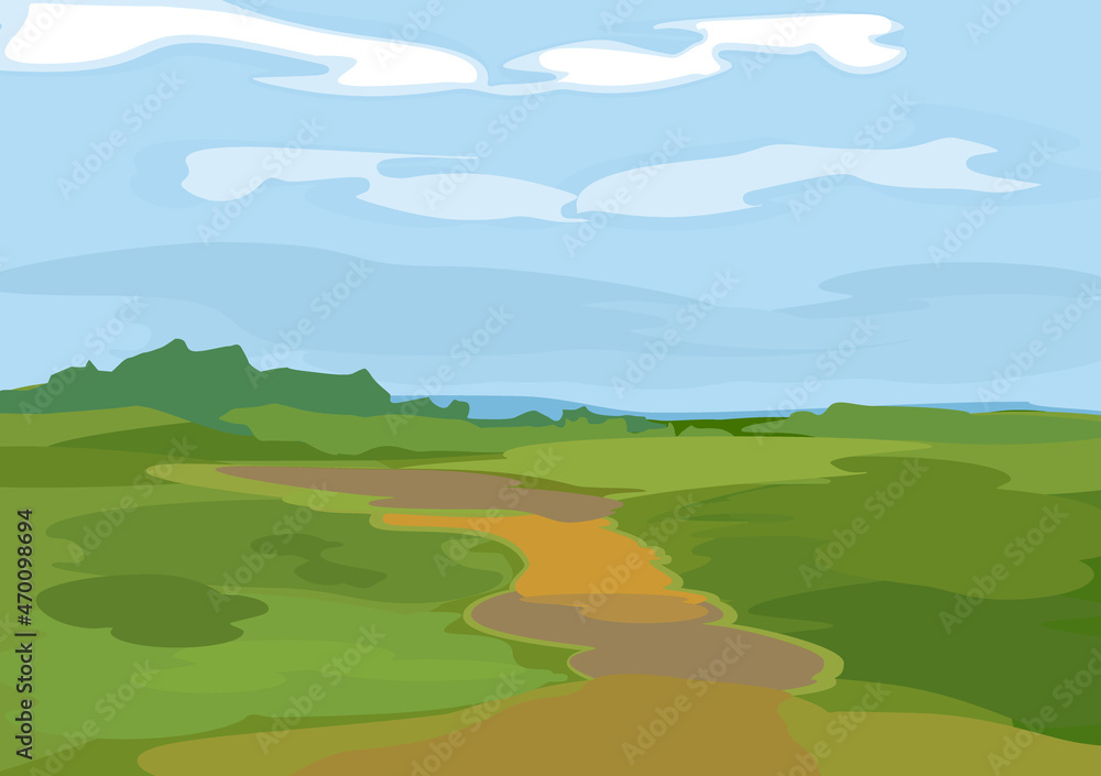 Abstract summer landscape with green field, blue sky and country road in watercolor style Abstract summer landscape with green field, blue sky and country road in watercolor style