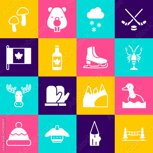 Set Capilano Suspension Bridge, Flying duck, Lobster, Cloud with snow, Beer bottle, Flag of Canada, Mushroom and Skates icon. Vector