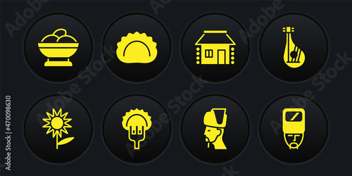 Set Sunflower, Bandura, Dumplings on fork, Ukrainian cossack, house, and Varenyky bowl icon. Vector