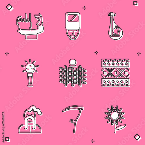 Set Monument to founders of Kiev, Ukrainian cossack, Bandura, Mace, Wicker fence, ethnic pattern, and Scythe icon. Vector