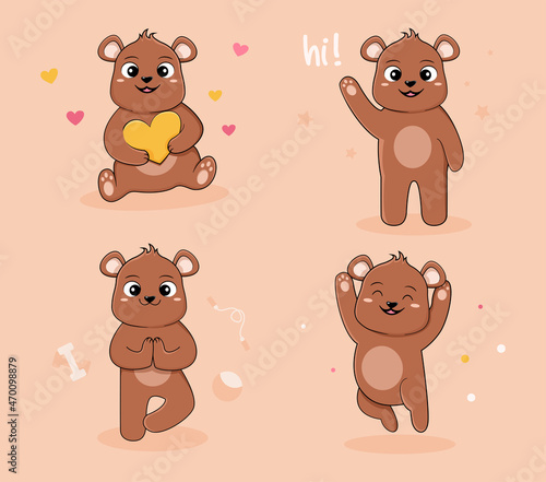 Funny cartoon teddy bears set. Flat Cartoon Vector Illustration isolated on white background.