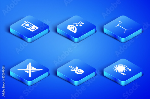 Set Audio jack, Music player, Electric bass guitar, Speaker mute, Ear listen sound signal and Microphone with stand icon. Vector